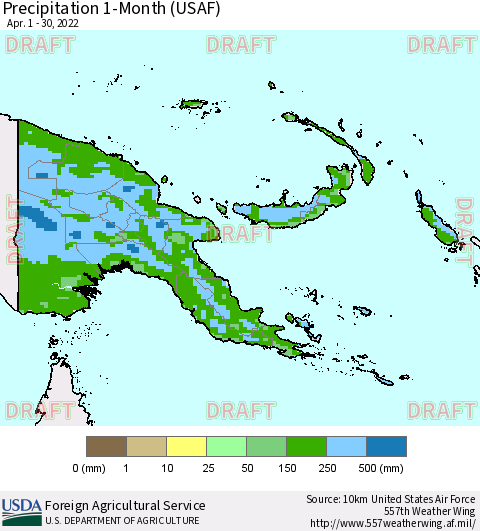 Papua New Guinea Precipitation 1-Month (USAF) Thematic Map For 4/1/2022 - 4/30/2022