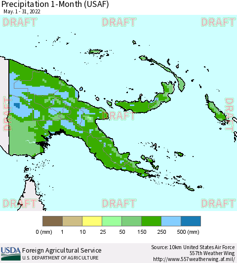 Papua New Guinea Precipitation 1-Month (USAF) Thematic Map For 5/1/2022 - 5/31/2022