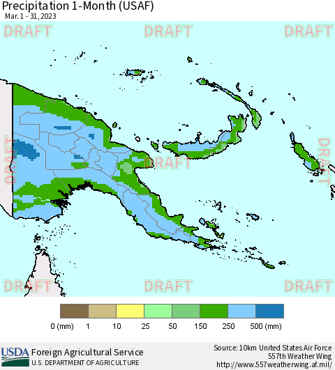 Papua New Guinea Precipitation 1-Month (USAF) Thematic Map For 3/1/2023 - 3/31/2023