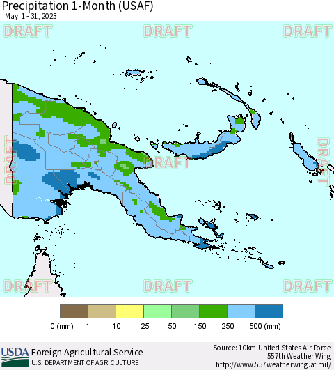 Papua New Guinea Precipitation 1-Month (USAF) Thematic Map For 5/1/2023 - 5/31/2023