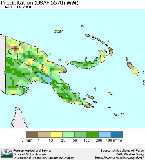 Papua New Guinea Precipitation (USAF 557th WW) Thematic Map For 1/8/2018 - 1/14/2018