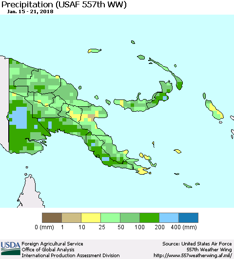 Papua New Guinea Precipitation (USAF 557th WW) Thematic Map For 1/15/2018 - 1/21/2018