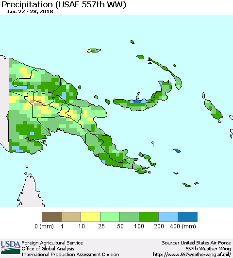Papua New Guinea Precipitation (USAF 557th WW) Thematic Map For 1/22/2018 - 1/28/2018