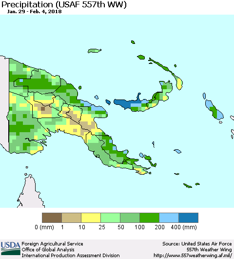 Papua New Guinea Precipitation (USAF 557th WW) Thematic Map For 1/29/2018 - 2/4/2018