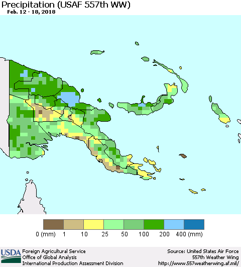 Papua New Guinea Precipitation (USAF 557th WW) Thematic Map For 2/12/2018 - 2/18/2018