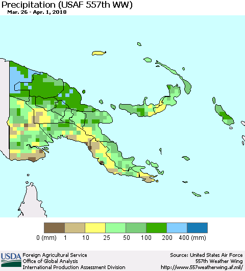 Papua New Guinea Precipitation (USAF 557th WW) Thematic Map For 3/26/2018 - 4/1/2018