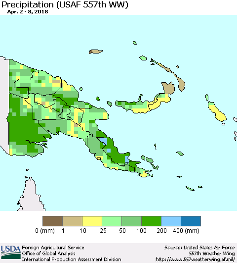 Papua New Guinea Precipitation (USAF 557th WW) Thematic Map For 4/2/2018 - 4/8/2018