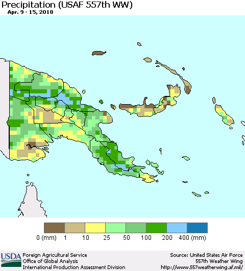 Papua New Guinea Precipitation (USAF 557th WW) Thematic Map For 4/9/2018 - 4/15/2018