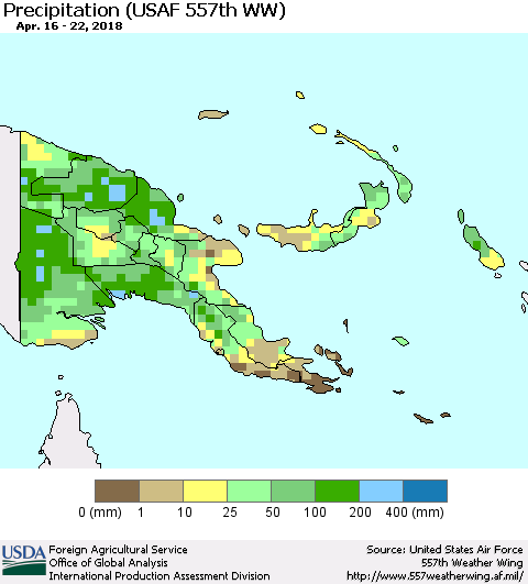 Papua New Guinea Precipitation (USAF 557th WW) Thematic Map For 4/16/2018 - 4/22/2018