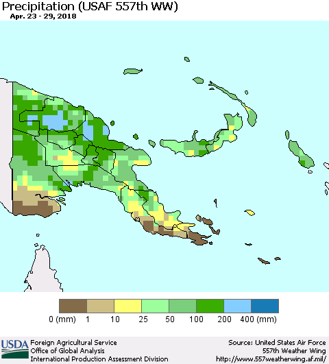 Papua New Guinea Precipitation (USAF 557th WW) Thematic Map For 4/23/2018 - 4/29/2018