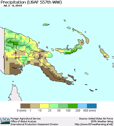 Papua New Guinea Precipitation (USAF 557th WW) Thematic Map For 7/2/2018 - 7/8/2018