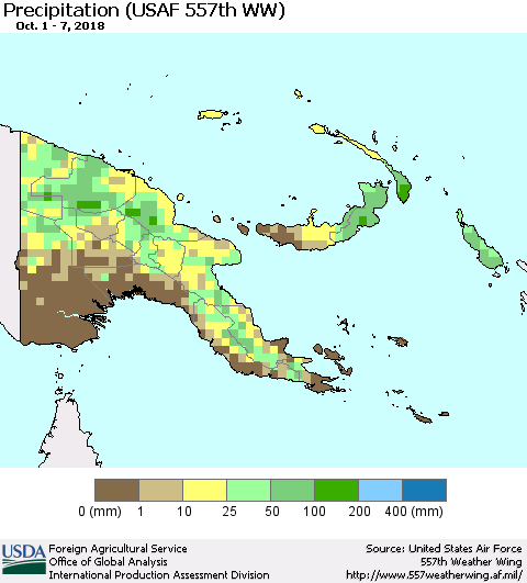 Papua New Guinea Precipitation (USAF 557th WW) Thematic Map For 10/1/2018 - 10/7/2018