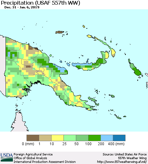 Papua New Guinea Precipitation (USAF 557th WW) Thematic Map For 12/31/2018 - 1/6/2019