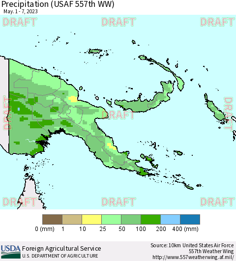 Papua New Guinea Precipitation (USAF 557th WW) Thematic Map For 5/1/2023 - 5/7/2023