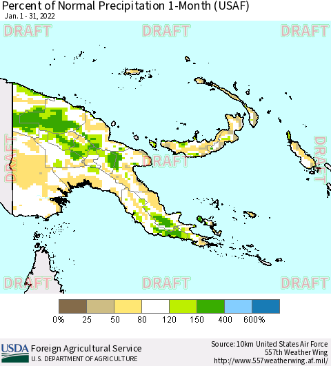 Papua New Guinea Percent of Normal Precipitation 1-Month (USAF) Thematic Map For 1/1/2022 - 1/31/2022