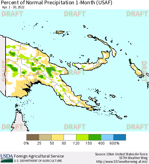 Papua New Guinea Percent of Normal Precipitation 1-Month (USAF) Thematic Map For 4/1/2022 - 4/30/2022