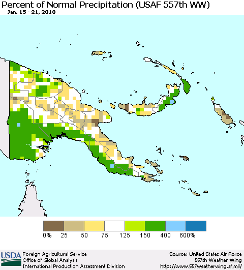 Papua New Guinea Percent of Normal Precipitation (USAF 557th WW) Thematic Map For 1/15/2018 - 1/21/2018