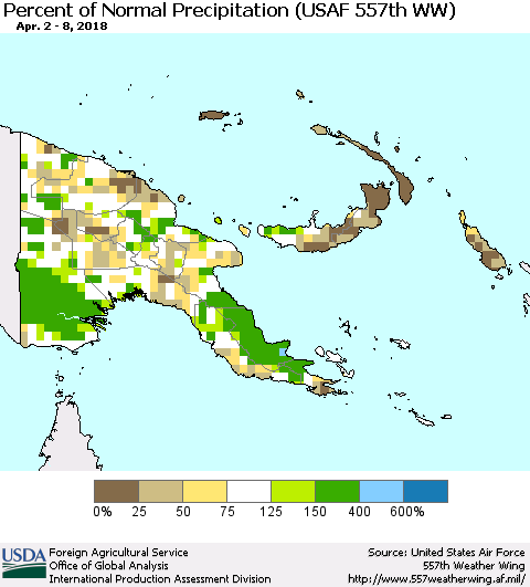 Papua New Guinea Percent of Normal Precipitation (USAF 557th WW) Thematic Map For 4/2/2018 - 4/8/2018