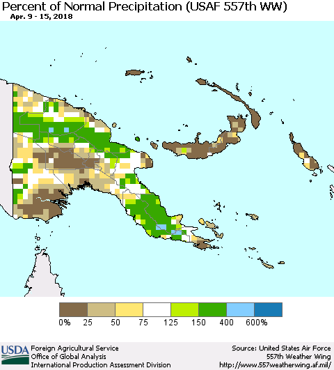 Papua New Guinea Percent of Normal Precipitation (USAF 557th WW) Thematic Map For 4/9/2018 - 4/15/2018