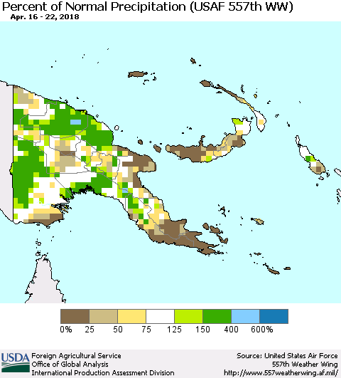Papua New Guinea Percent of Normal Precipitation (USAF 557th WW) Thematic Map For 4/16/2018 - 4/22/2018