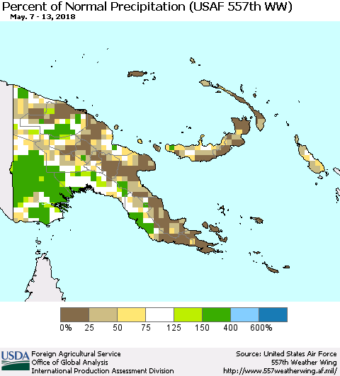 Papua New Guinea Percent of Normal Precipitation (USAF 557th WW) Thematic Map For 5/7/2018 - 5/13/2018