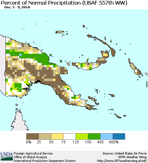 Papua New Guinea Percent of Normal Precipitation (USAF 557th WW) Thematic Map For 12/3/2018 - 12/9/2018
