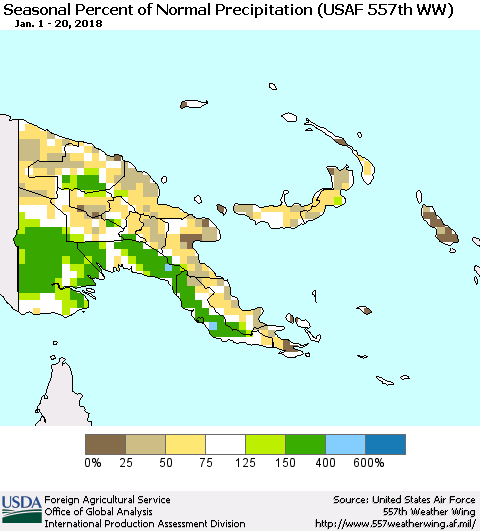 Papua New Guinea Seasonal Percent of Normal Precipitation (USAF 557th WW) Thematic Map For 1/1/2018 - 1/20/2018