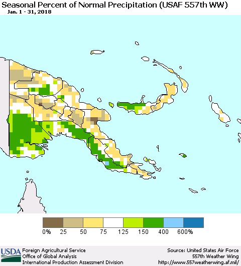Papua New Guinea Seasonal Percent of Normal Precipitation (USAF 557th WW) Thematic Map For 1/1/2018 - 1/31/2018