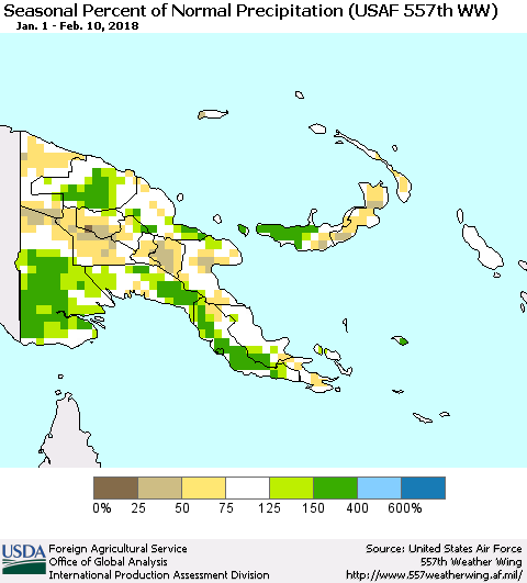 Papua New Guinea Seasonal Percent of Normal Precipitation (USAF 557th WW) Thematic Map For 1/1/2018 - 2/10/2018