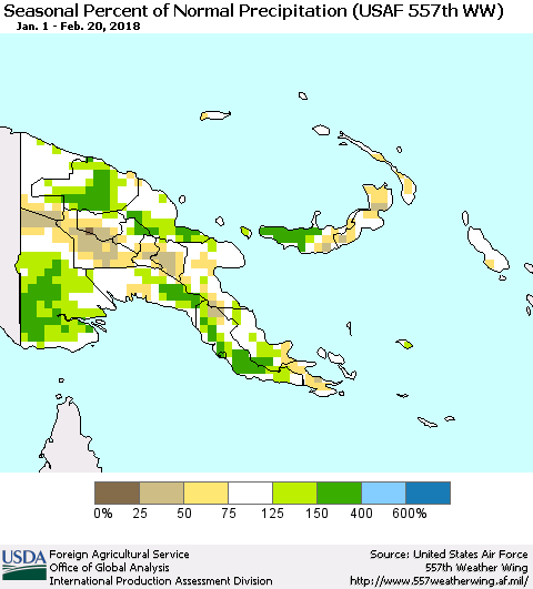 Papua New Guinea Seasonal Percent of Normal Precipitation (USAF 557th WW) Thematic Map For 1/1/2018 - 2/20/2018