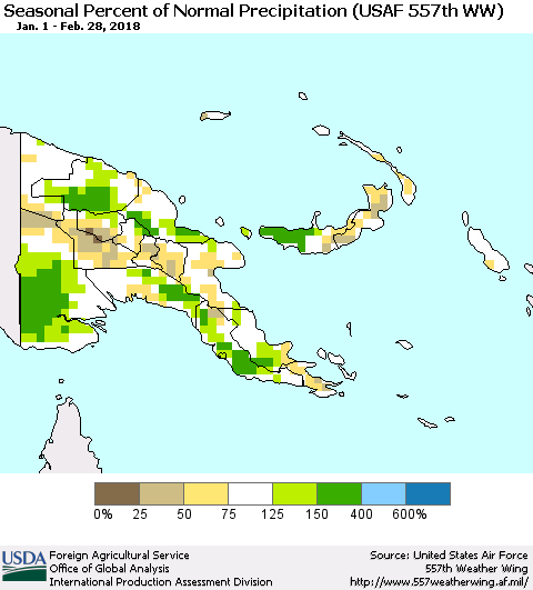 Papua New Guinea Seasonal Percent of Normal Precipitation (USAF 557th WW) Thematic Map For 1/1/2018 - 2/28/2018