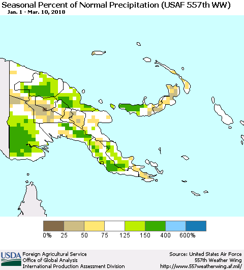 Papua New Guinea Seasonal Percent of Normal Precipitation (USAF 557th WW) Thematic Map For 1/1/2018 - 3/10/2018