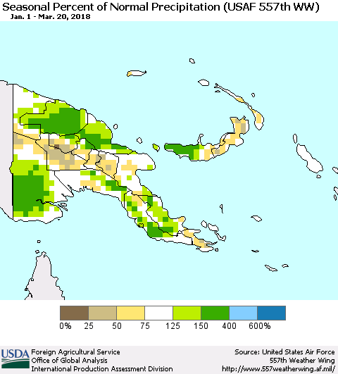 Papua New Guinea Seasonal Percent of Normal Precipitation (USAF 557th WW) Thematic Map For 1/1/2018 - 3/20/2018