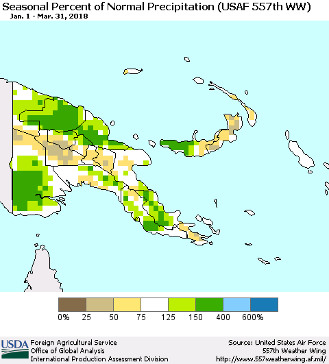 Papua New Guinea Seasonal Percent of Normal Precipitation (USAF 557th WW) Thematic Map For 1/1/2018 - 3/31/2018