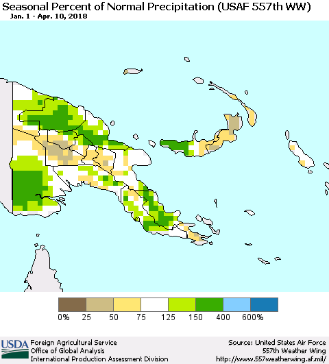Papua New Guinea Seasonal Percent of Normal Precipitation (USAF 557th WW) Thematic Map For 1/1/2018 - 4/10/2018