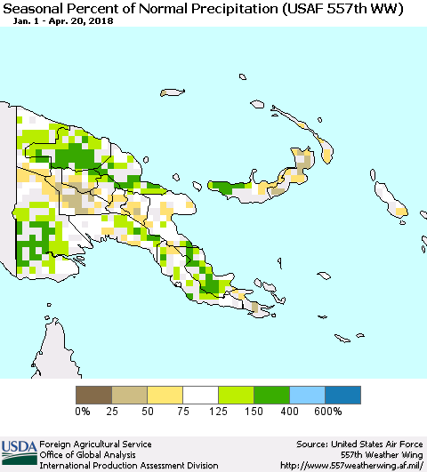 Papua New Guinea Seasonal Percent of Normal Precipitation (USAF 557th WW) Thematic Map For 1/1/2018 - 4/20/2018