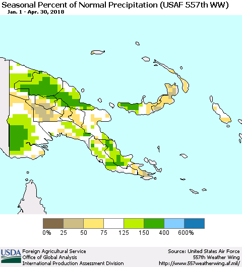 Papua New Guinea Seasonal Percent of Normal Precipitation (USAF 557th WW) Thematic Map For 1/1/2018 - 4/30/2018