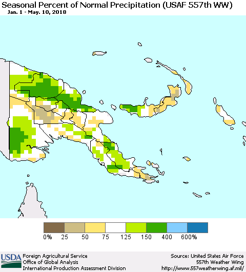 Papua New Guinea Seasonal Percent of Normal Precipitation (USAF 557th WW) Thematic Map For 1/1/2018 - 5/10/2018