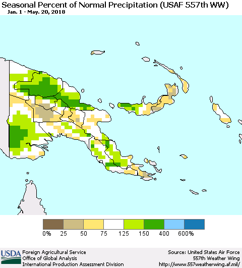 Papua New Guinea Seasonal Percent of Normal Precipitation (USAF 557th WW) Thematic Map For 1/1/2018 - 5/20/2018