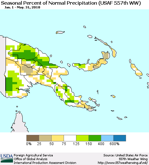 Papua New Guinea Seasonal Percent of Normal Precipitation (USAF 557th WW) Thematic Map For 1/1/2018 - 5/31/2018