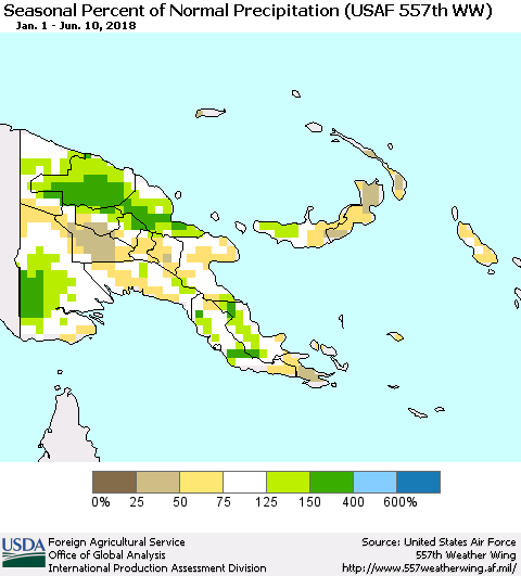Papua New Guinea Seasonal Percent of Normal Precipitation (USAF 557th WW) Thematic Map For 1/1/2018 - 6/10/2018