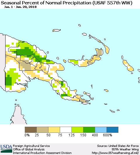 Papua New Guinea Seasonal Percent of Normal Precipitation (USAF 557th WW) Thematic Map For 1/1/2018 - 6/20/2018