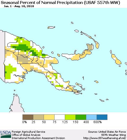 Papua New Guinea Seasonal Percent of Normal Precipitation (USAF 557th WW) Thematic Map For 1/1/2018 - 8/10/2018