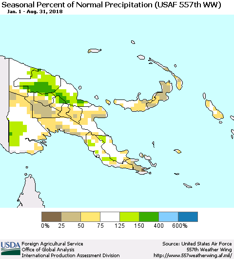 Papua New Guinea Seasonal Percent of Normal Precipitation (USAF 557th WW) Thematic Map For 1/1/2018 - 8/31/2018