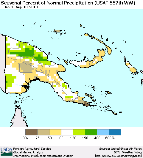 Papua New Guinea Seasonal Percent of Normal Precipitation (USAF 557th WW) Thematic Map For 1/1/2018 - 9/10/2018