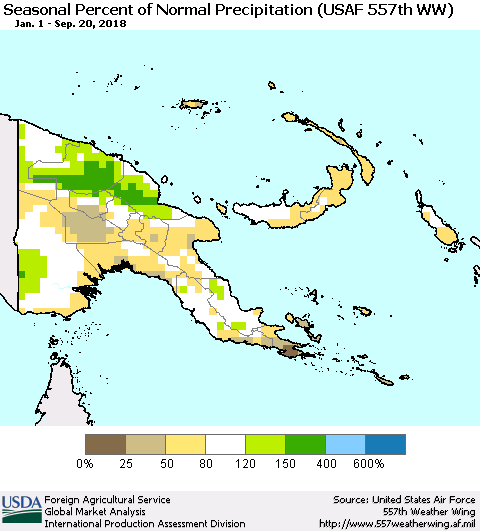 Papua New Guinea Seasonal Percent of Normal Precipitation (USAF 557th WW) Thematic Map For 1/1/2018 - 9/20/2018
