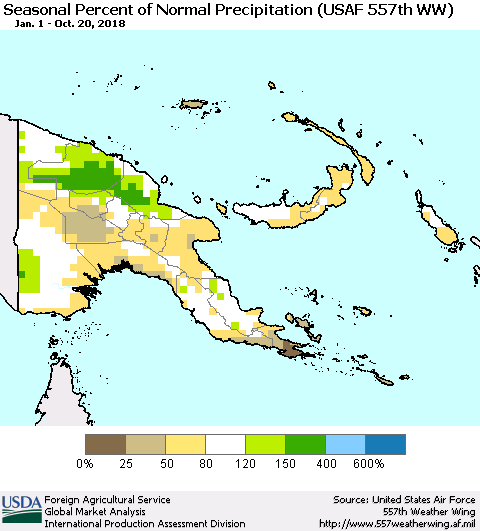 Papua New Guinea Seasonal Percent of Normal Precipitation (USAF 557th WW) Thematic Map For 1/1/2018 - 10/20/2018