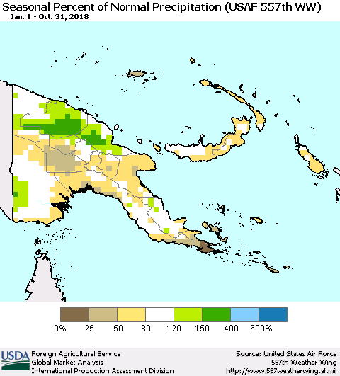 Papua New Guinea Seasonal Percent of Normal Precipitation (USAF 557th WW) Thematic Map For 1/1/2018 - 10/31/2018