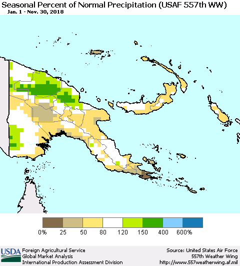 Papua New Guinea Seasonal Percent of Normal Precipitation (USAF 557th WW) Thematic Map For 1/1/2018 - 11/30/2018
