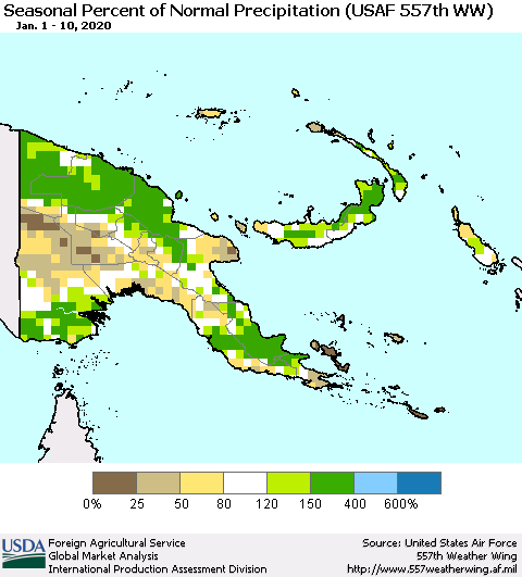 Papua New Guinea Seasonal Percent of Normal Precipitation (USAF 557th WW) Thematic Map For 1/1/2020 - 1/10/2020